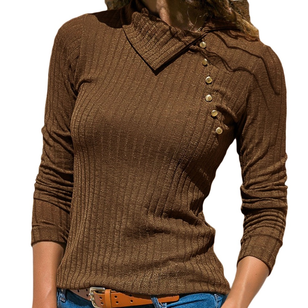 Kayla Ribbed Knit Turn Down Collar Top